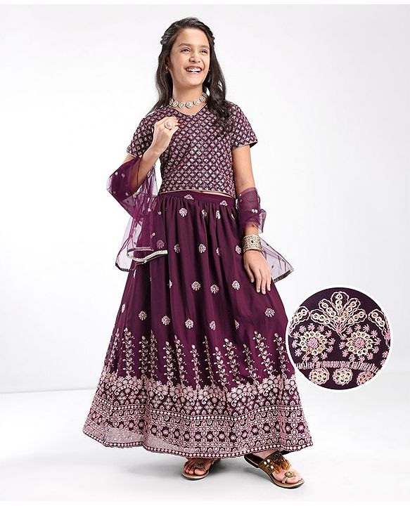 Pine Kids Embroidered Half Sleeves Choli with Lehenga & Dupatta Set - Wine