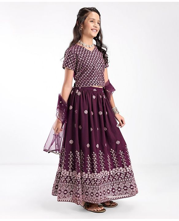 Pine Kids Embroidered Half Sleeves Choli with Lehenga & Dupatta Set - Wine