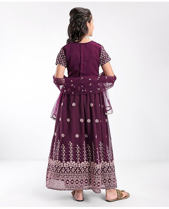 Pine Kids Embroidered Half Sleeves Choli with Lehenga & Dupatta Set - Wine