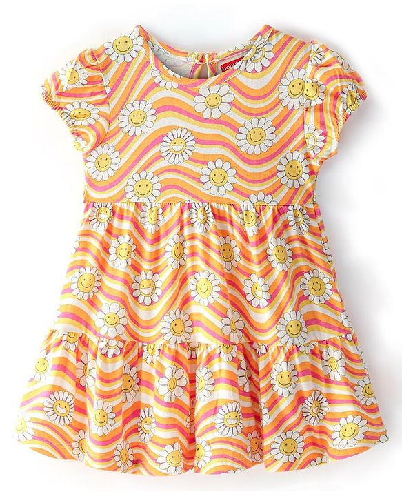Babyhug 100% Cotton Knit Half Sleeves Frock Stripes & Floral Print - White