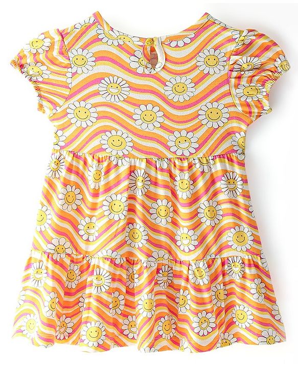Babyhug 100% Cotton Knit Half Sleeves Frock Stripes & Floral Print - White