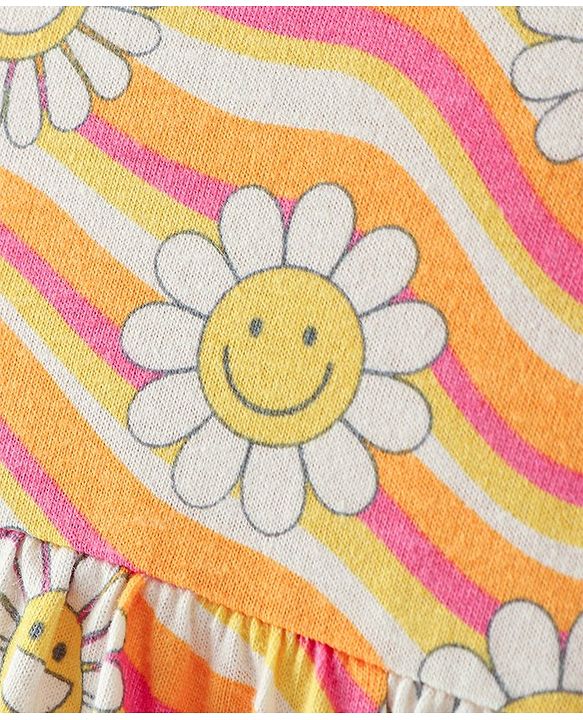 Babyhug 100% Cotton Knit Half Sleeves Frock Stripes & Floral Print - White