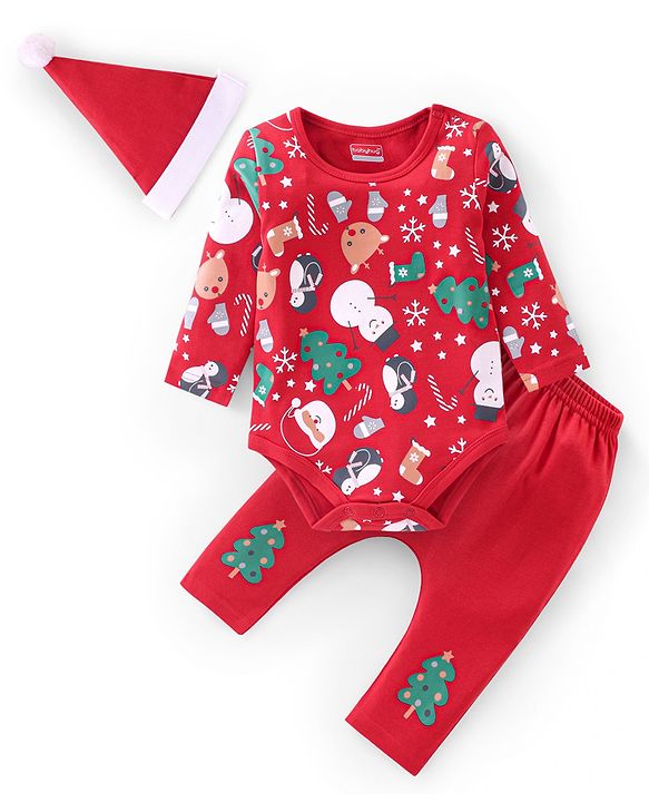 Babyhug 100% Cotton Knit Full Sleeves Christmas Theme Print Onesie with Legging & Cap - Red