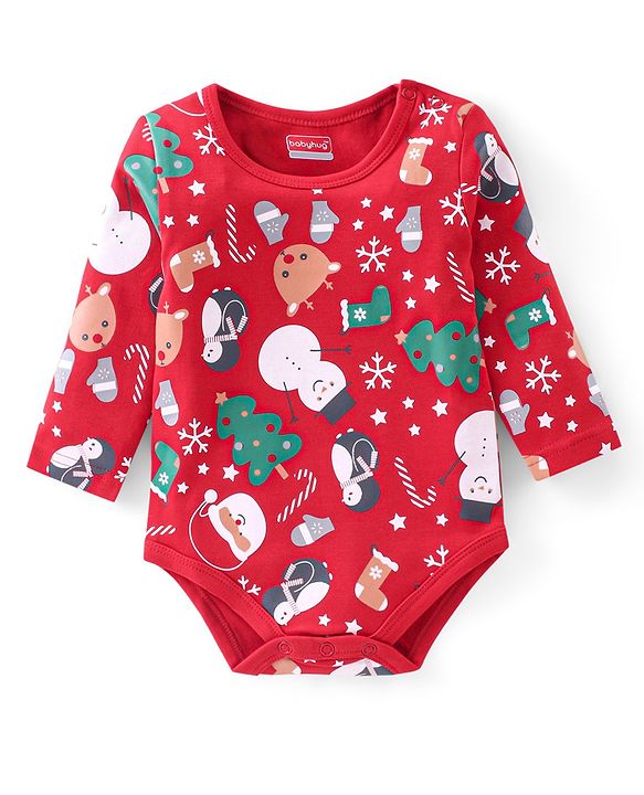 Babyhug 100% Cotton Knit Full Sleeves Christmas Theme Print Onesie with Legging & Cap - Red