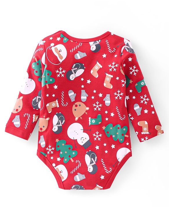 Babyhug 100% Cotton Knit Full Sleeves Christmas Theme Print Onesie with Legging & Cap - Red