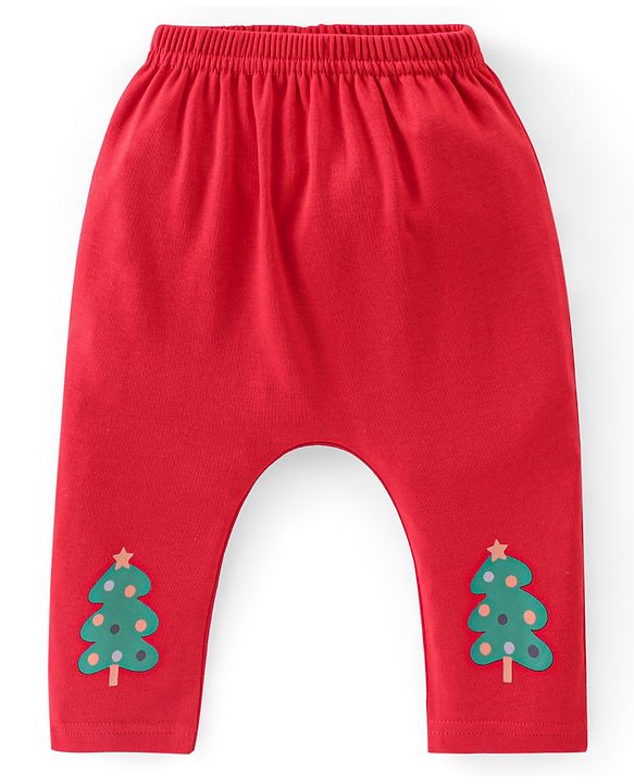 Babyhug 100% Cotton Knit Full Sleeves Christmas Theme Print Onesie with Legging & Cap - Red