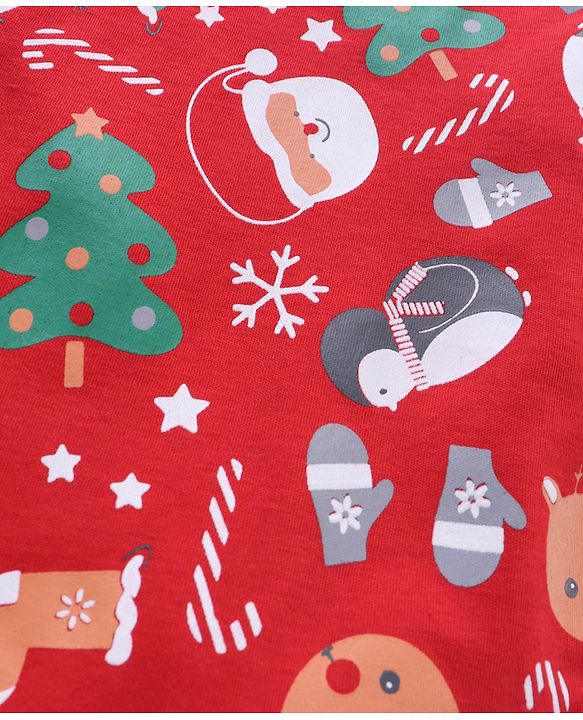 Babyhug 100% Cotton Knit Full Sleeves Christmas Theme Print Onesie with Legging & Cap - Red