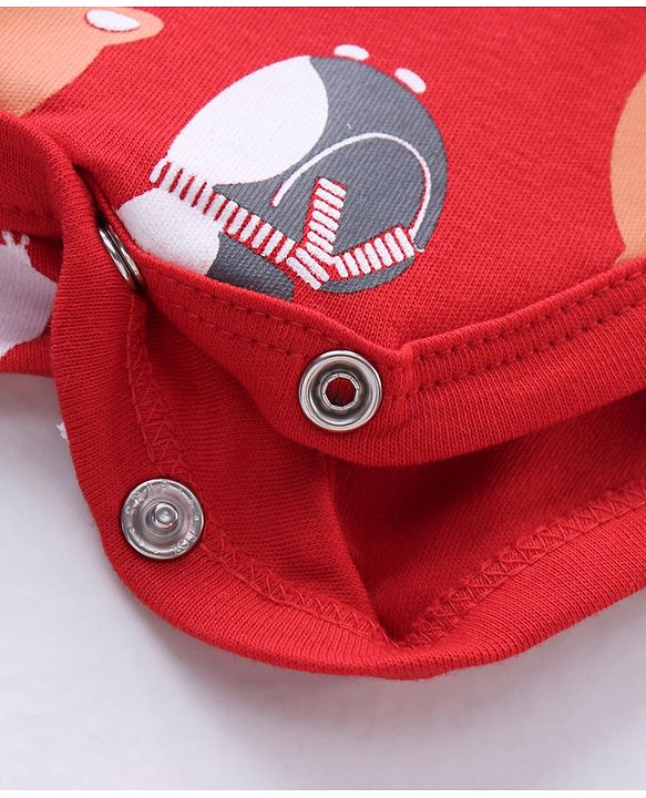 Babyhug 100% Cotton Knit Full Sleeves Christmas Theme Print Onesie with Legging & Cap - Red