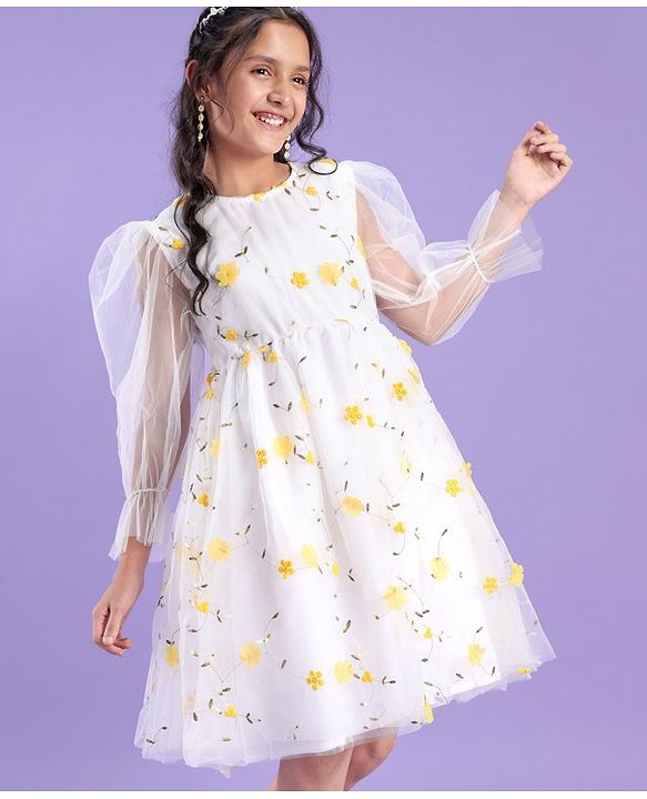 Pine Kids Full Sleeves Floral Embellished Party Wear Dress- White
