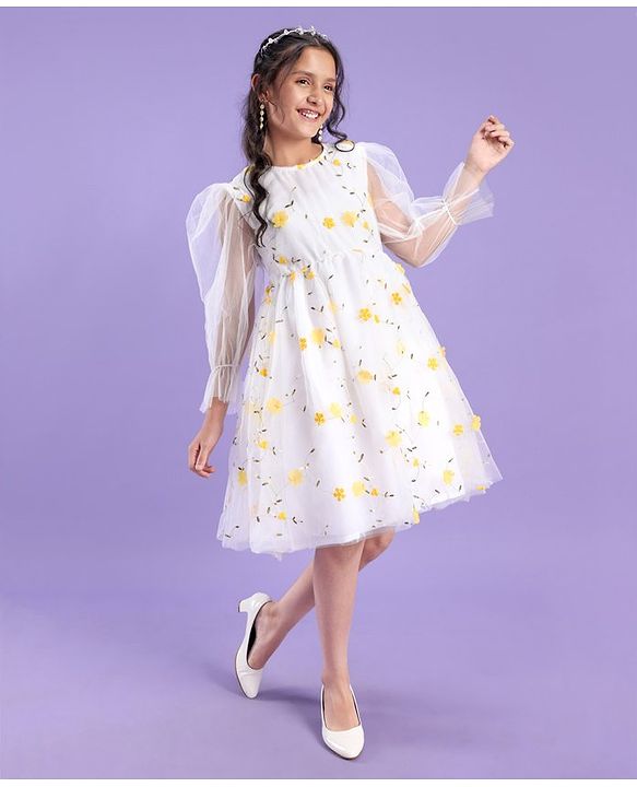 Pine Kids Full Sleeves Floral Embellished Party Wear Dress- White