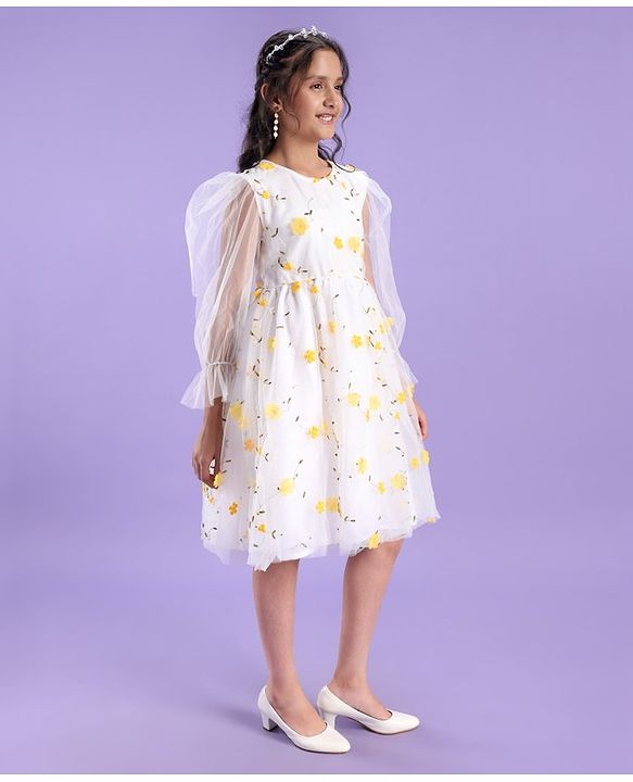 Pine Kids Full Sleeves Floral Embellished Party Wear Dress- White