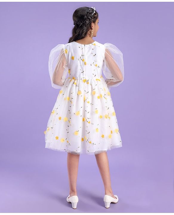 Pine Kids Full Sleeves Floral Embellished Party Wear Dress- White
