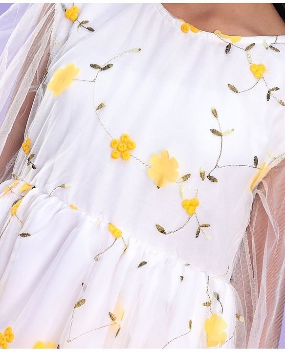 Pine Kids Full Sleeves Floral Embellished Party Wear Dress- White