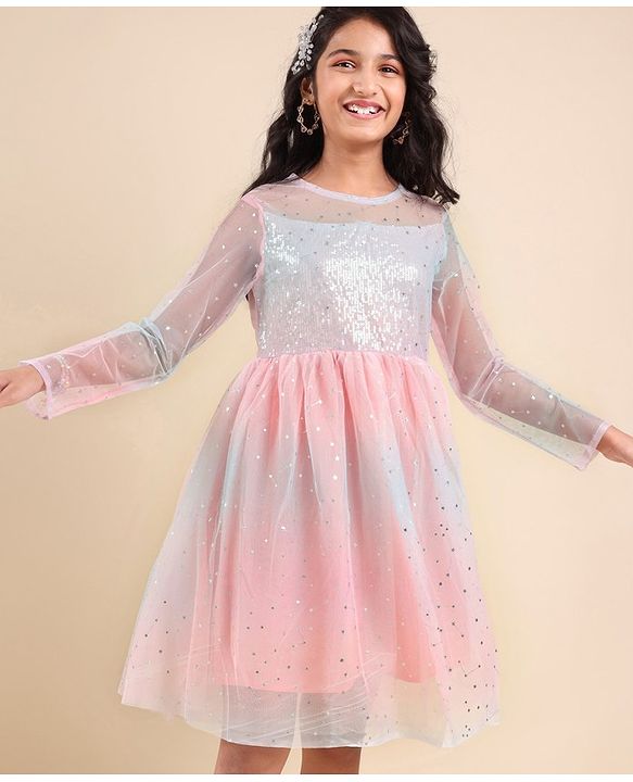 Pine Kids Full Sleeves Frock With Net & Sequine Detailing - Peach
