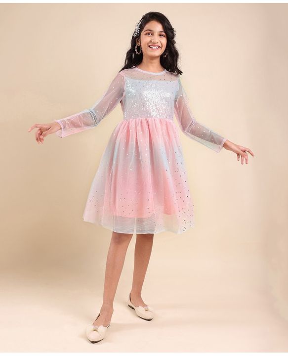 Pine Kids Full Sleeves Frock With Net & Sequine Detailing - Peach