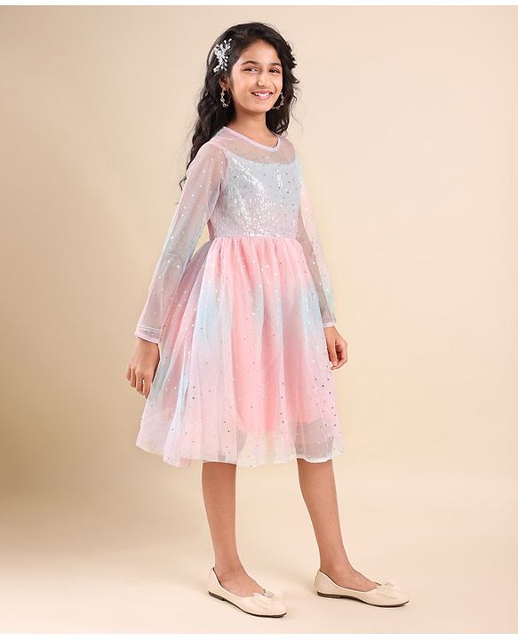 Pine Kids Full Sleeves Frock With Net & Sequine Detailing - Peach