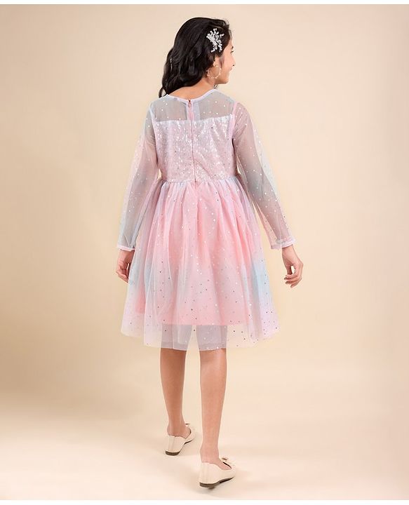 Pine Kids Full Sleeves Frock With Net & Sequine Detailing - Peach