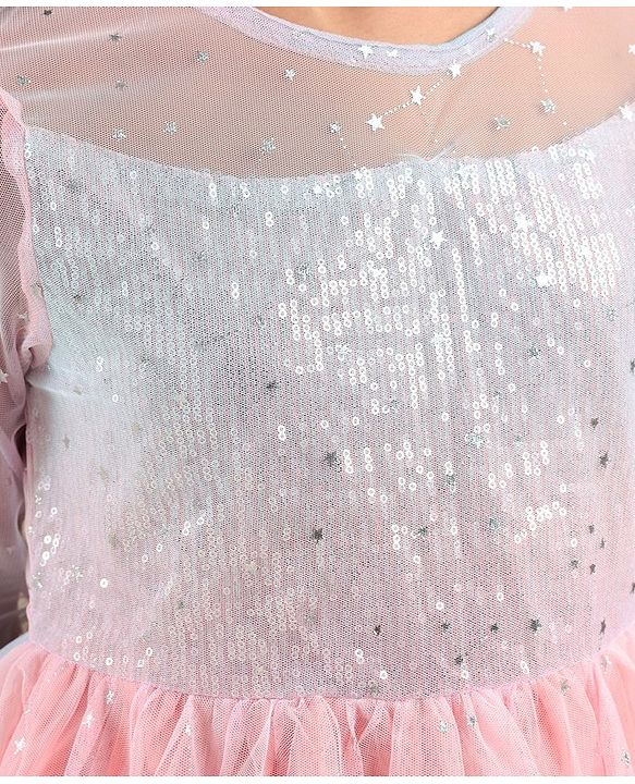 Pine Kids Full Sleeves Frock With Net & Sequine Detailing - Peach