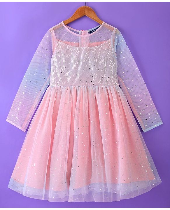 Pine Kids Full Sleeves Frock With Net & Sequine Detailing - Peach