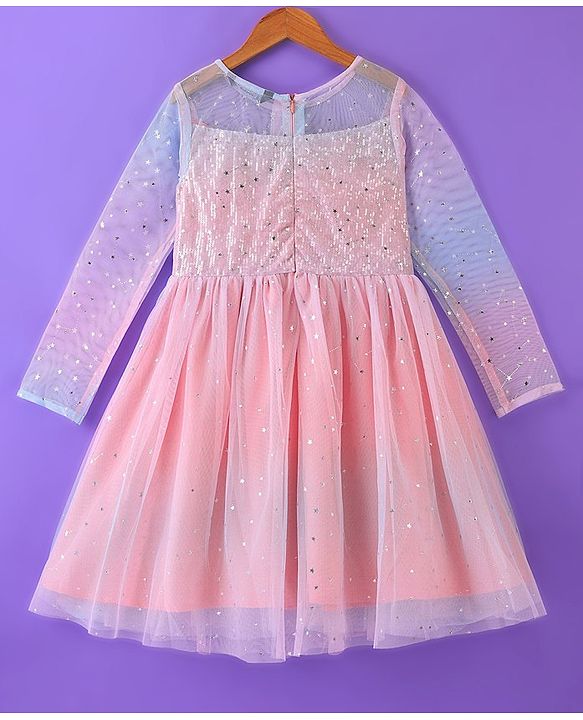 Pine Kids Full Sleeves Frock With Net & Sequine Detailing - Peach