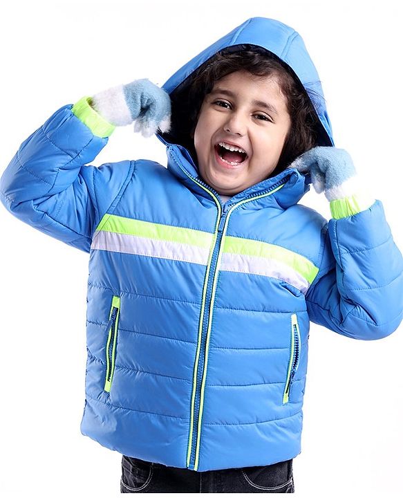 Babyhug Full Sleeves Solid Colour Padded Hooded Jacket - Blue