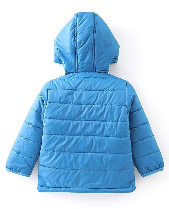 Babyhug Full Sleeves Hooded Jacket with Text Patch - Blue