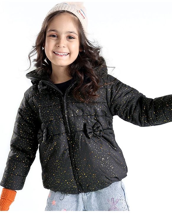 Babyhug Woven Full Sleeves Jacket With Hood & Bow Applique - Black