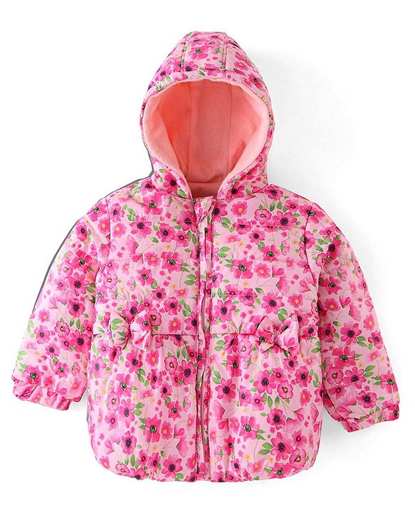 Babyhug Woven Full Sleeves Hooded Jacket Floral Print - Pink