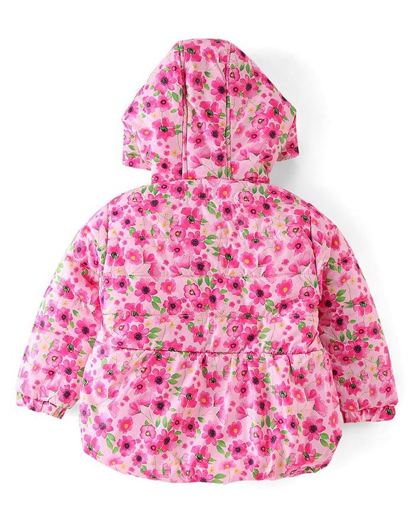 Babyhug Woven Full Sleeves Hooded Jacket Floral Print - Pink
