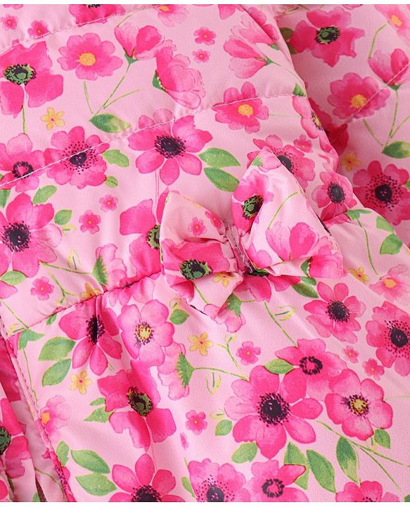 Babyhug Woven Full Sleeves Hooded Jacket Floral Print - Pink