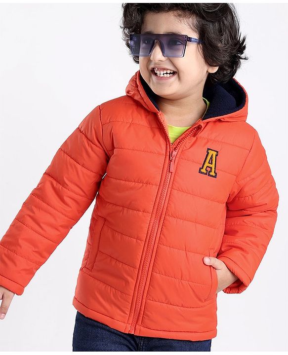 Babyhug Full Sleeves Padded & Hooded Jacket With Embroidery- Orange