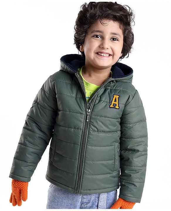 Babyhug Full Sleeves Padded & Hooded Jacket With Embroidery- Green