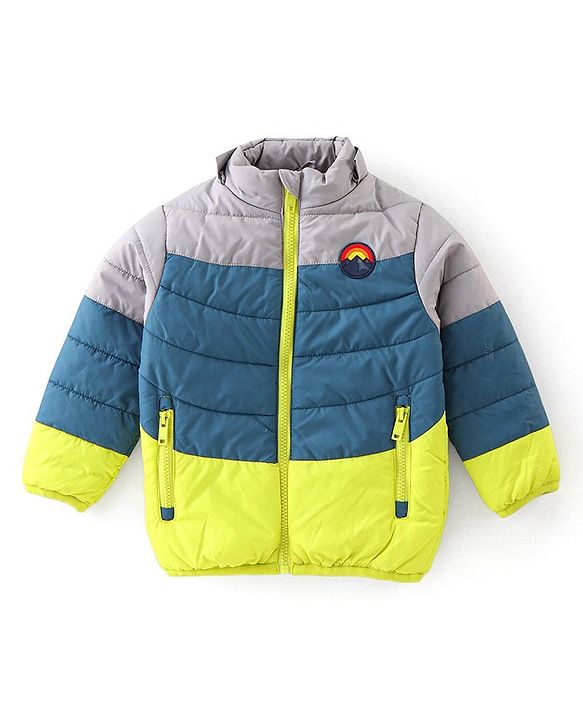 Babyhug Woven Full Sleeves Hooded Jacket Mountain Badge - Green & Grey