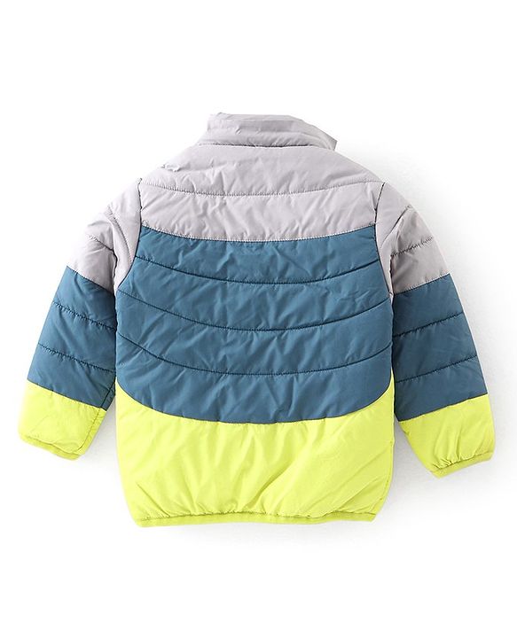 Babyhug Woven Full Sleeves Hooded Jacket Mountain Badge - Green & Grey