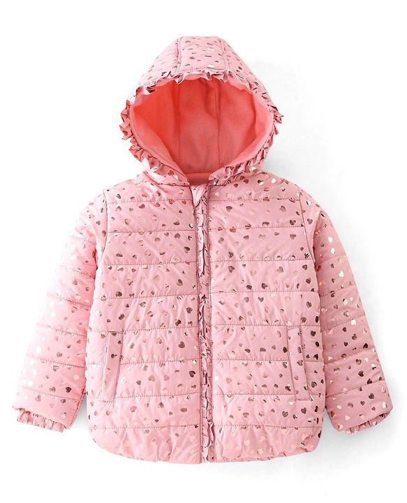 Babyhug Woven Full Sleeves Hooded Jacket Heart Print - Pink