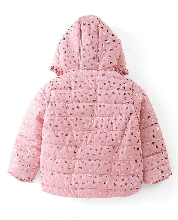 Babyhug Woven Full Sleeves Hooded Jacket Heart Print - Pink