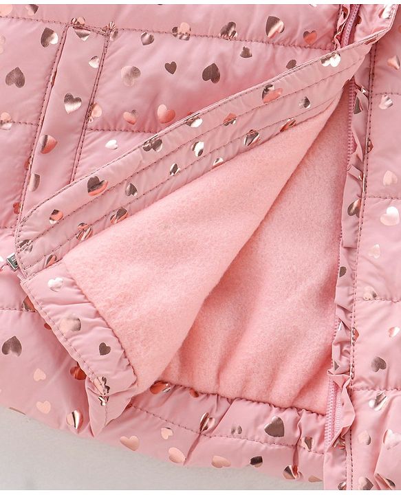 Babyhug Woven Full Sleeves Hooded Jacket Heart Print - Pink