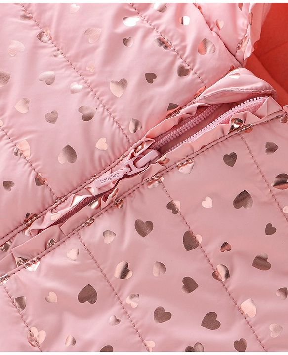 Babyhug Woven Full Sleeves Hooded Jacket Heart Print - Pink