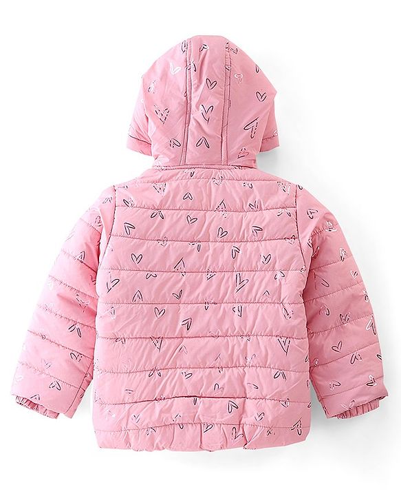 Babyhug Full Sleeves Quilted Hooded Jacket with Heart Foil Print - Pink