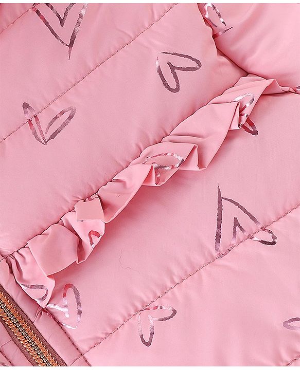 Babyhug Full Sleeves Quilted Hooded Jacket with Heart Foil Print - Pink