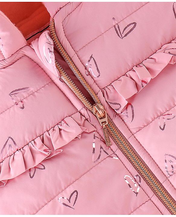 Babyhug Full Sleeves Quilted Hooded Jacket with Heart Foil Print - Pink