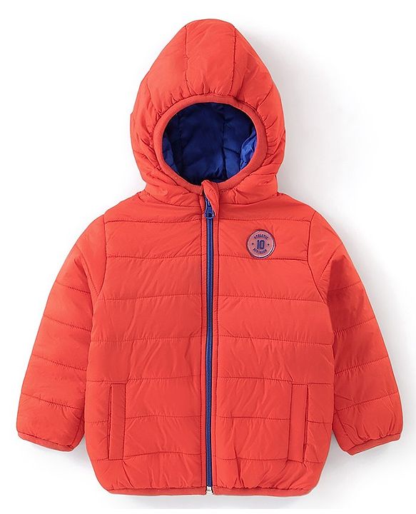 Babyhug Nylon Woven Full Sleeves Reversible Hooded Jacket - Orange