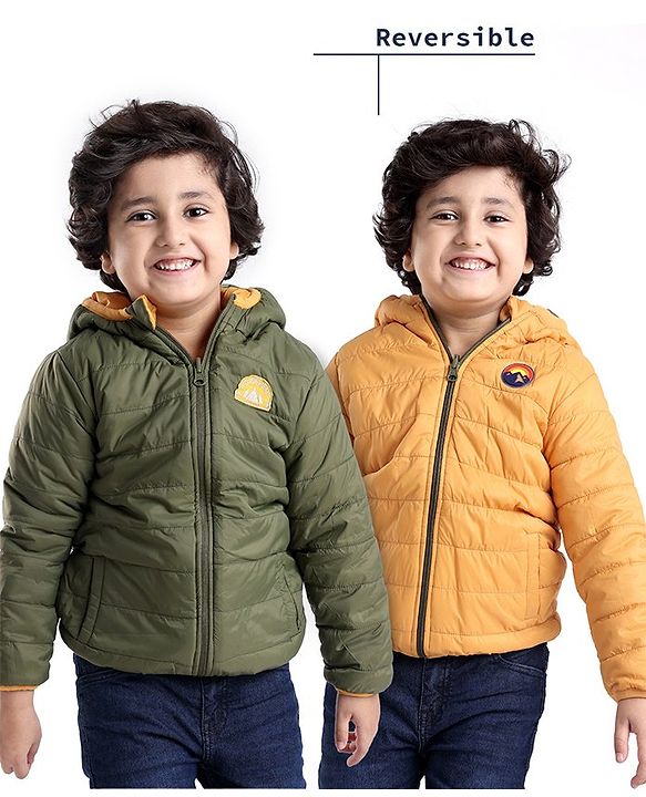 Babyhug Woven Full Sleeves Solid Hooded Reversible Jacket - Mustard Yellow