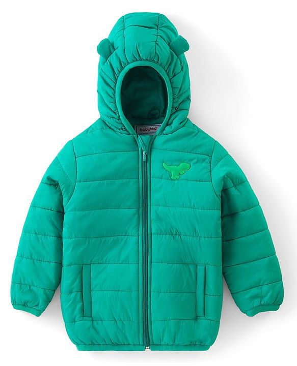 Babyhug Woven Full Sleeves Jacket With Hood & Dino Applique - Green