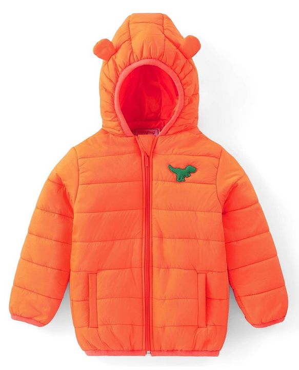 Babyhug Woven Full Sleeves Hoodie With Dino Patch - Orange