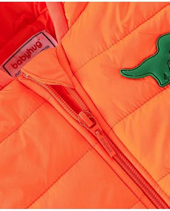 Babyhug Woven Full Sleeves Hoodie With Dino Patch - Orange