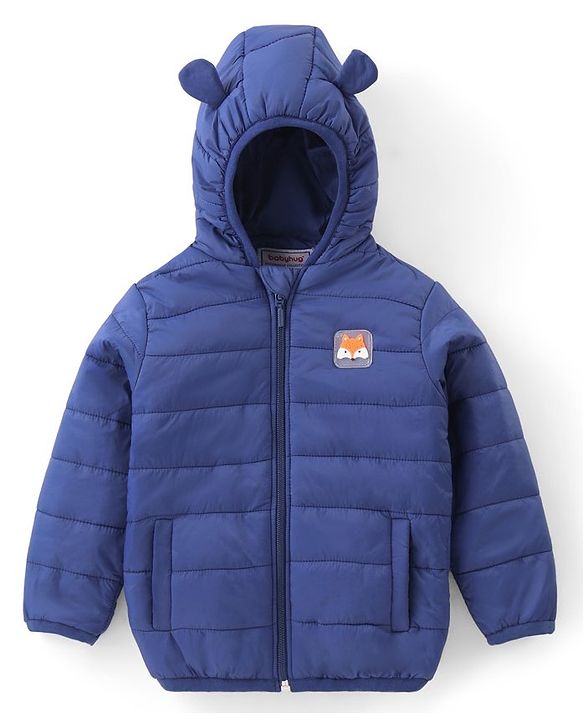 Babyhug Woven Full Sleeves Hoodie With Fox Patch - Blue