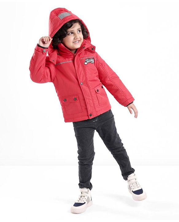 Babyhug Full Sleeves Woven Detachable Hood Jacket Text Embroidery - Red