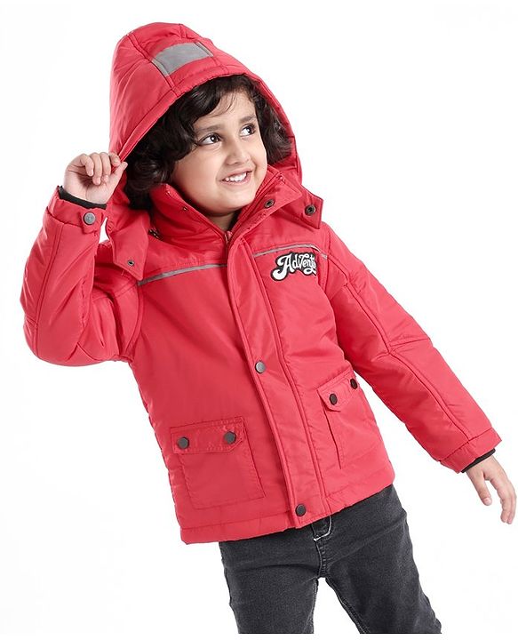 Babyhug Full Sleeves Woven Detachable Hood Jacket Text Embroidery - Red