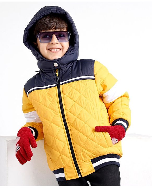 Babyhug Full Sleeves Padded Winter Jacket With Hood & Color Block Design - Yellow & Navy